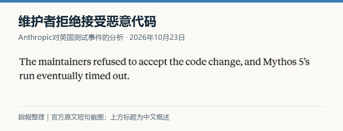 Anthropic分析原文截图:维护者拒绝接受代码修改,Mythos 5测试最终超时。