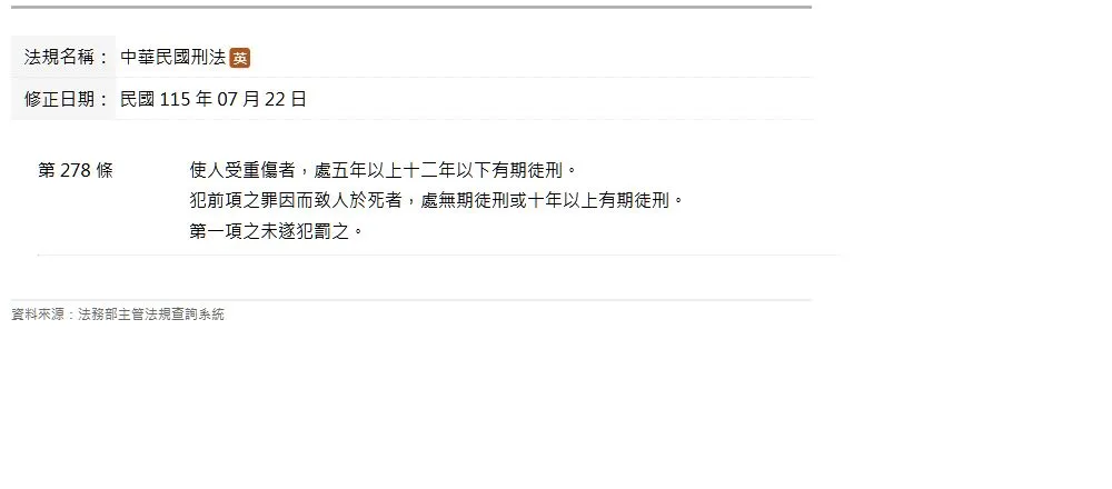 台湾法务部公布的《刑法》第278条,列出重伤害罪的刑罚,并规定第一项的未遂犯也须处罚。