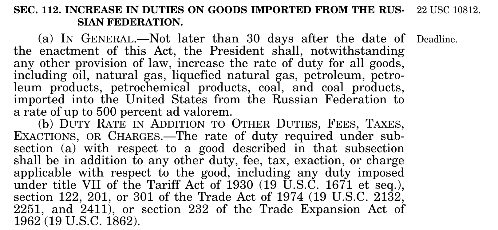 Section 112 of Public Law 119-111, authorizing an additional tariff of up to 500% on Russian goods.