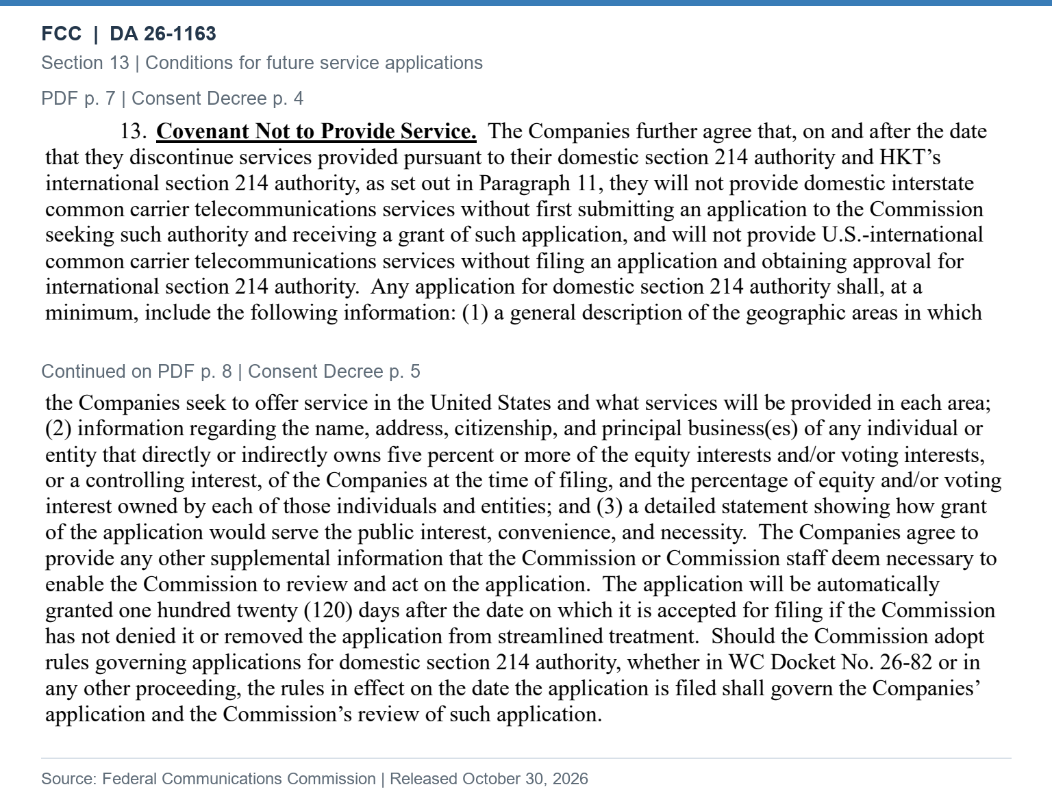 FCC document excerpt stating the conditions for new service applications, including conditional approval of domestic applications after 120 days.