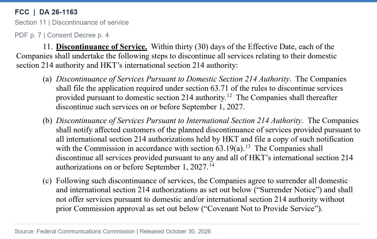 FCC document excerpt setting the September 1, 2027 service deadline and the requirements for applications and customer notices.