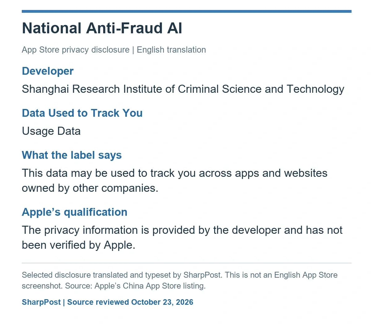 English translation of the App Store label listing usage data for tracking, with Apple’s notice that it has not verified the disclosure.