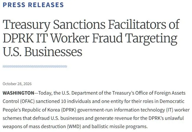 Title, date and opening paragraph of the U.S. Treasury Department’s October 28, 2026 sanctions announcement.